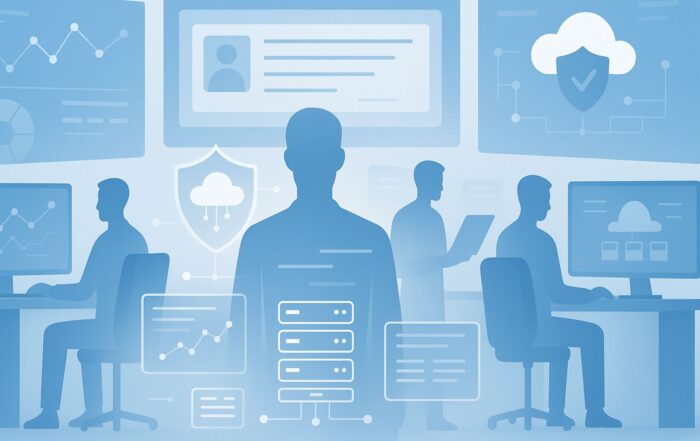 Digital illustration of a team of IT professionals monitoring systems and infrastructure, representing outsourced IT support.