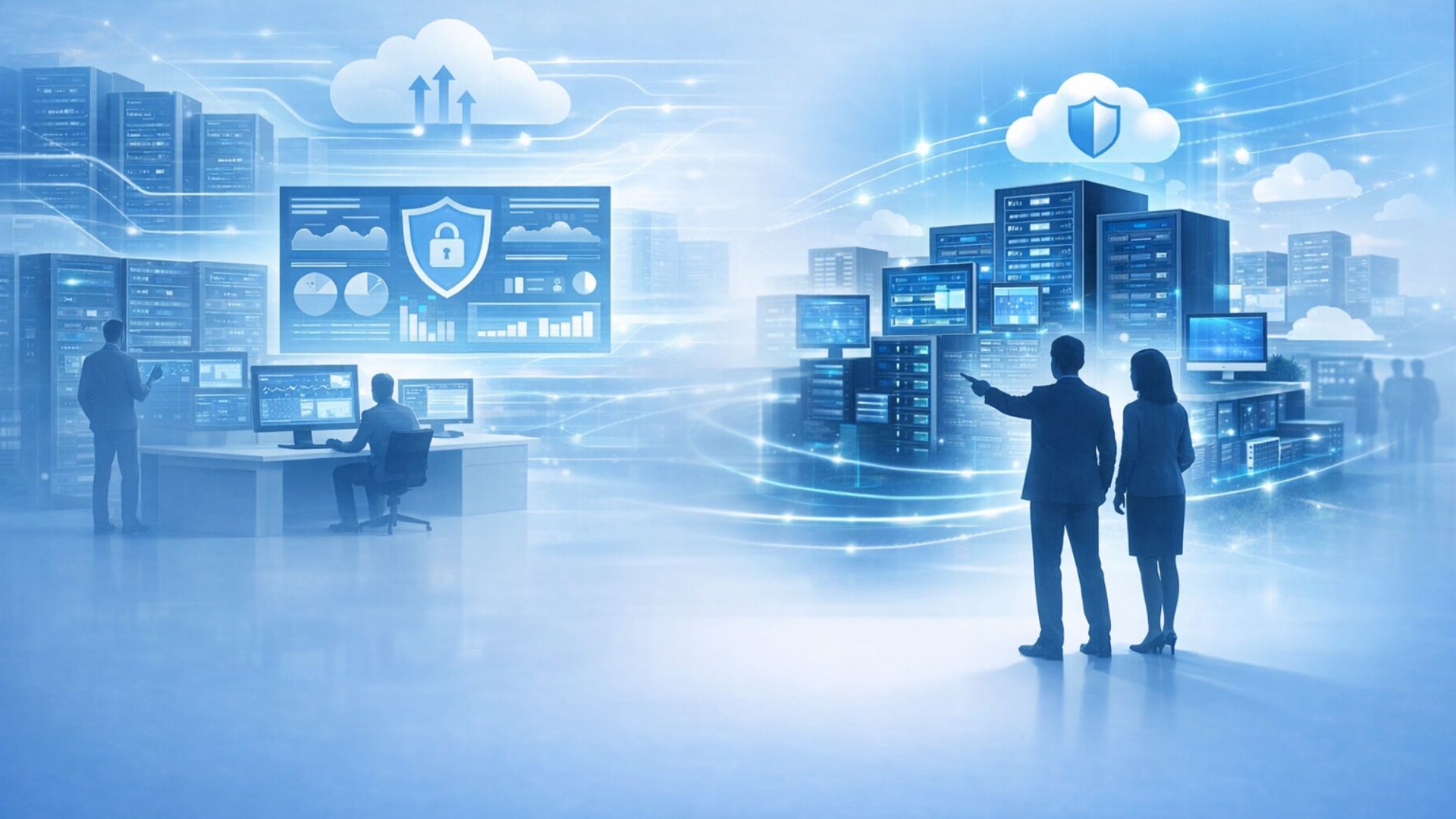 Business choosing reliable IT services like ITsGuru with secure systems, cloud infrastructure, and professional IT management.