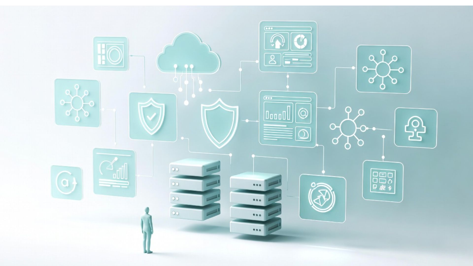Illustration of secure cloud systems and monitoring tools representing Outsourced IT Support selection