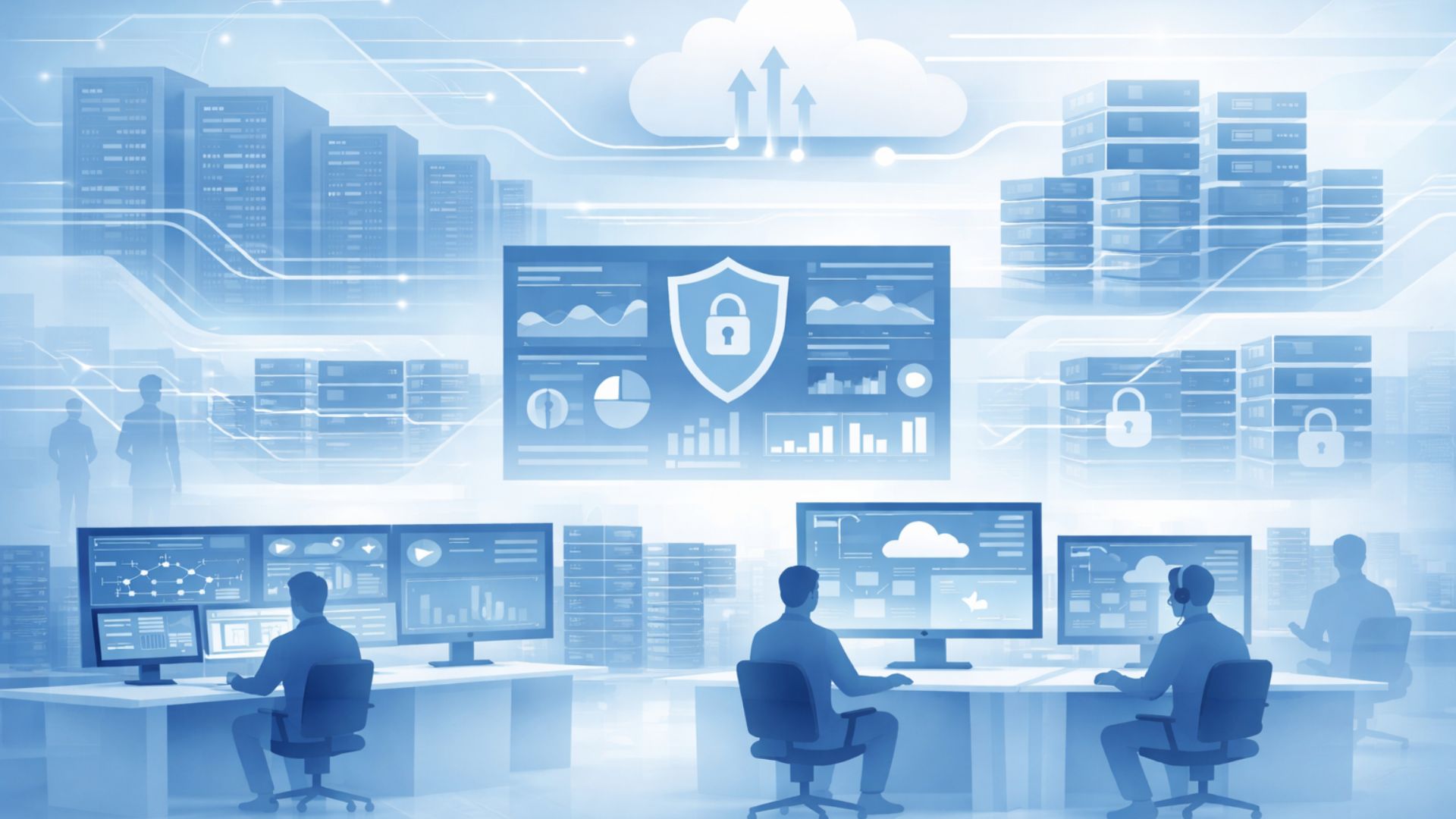 Modern IT services illustration showing secure servers, cloud infrastructure, network monitoring, and system management in a professional business environment.